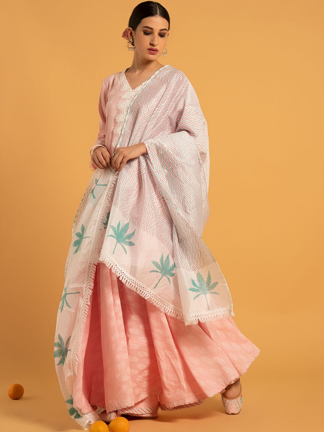 MAISON SHEFALI Floral Printed Gotta Patti Pure Cotton Straight Kurti & Skirt & Dupatta