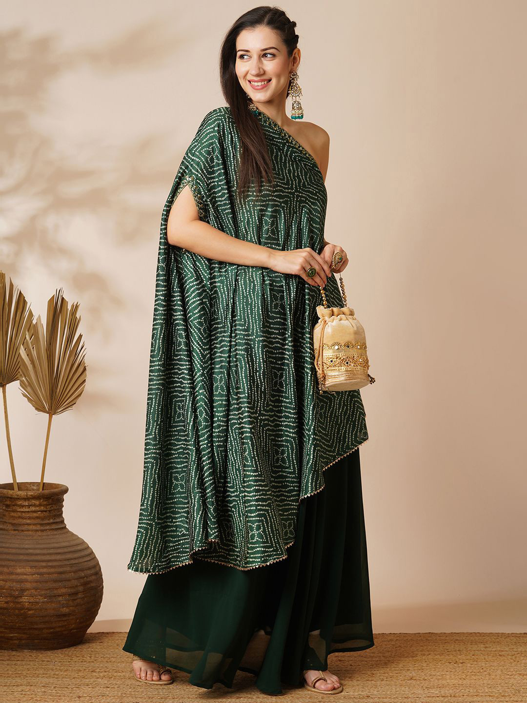 Globus Green Bandhani Printed Embroidered One Shoulder Tunic & Skirt