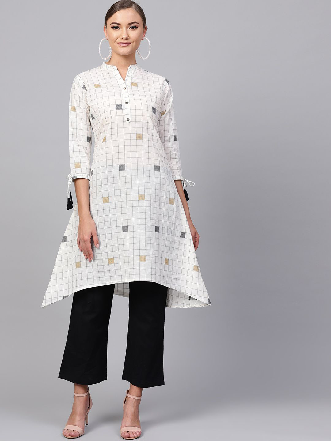 Anouk Cream Coloured Checked Mandarin Collar Asymmetric Cotton Kurta