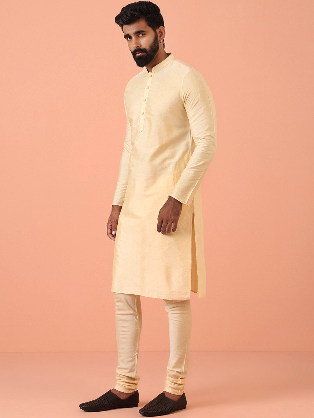 KISAH Solid Cream Mandarin Collar Pastel Straight Slim Fit Kurta