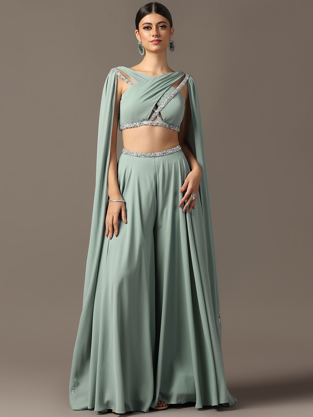 Pooja Peshoria Embellished V-Neck Cape Sleeves Crop Top With Palazzos