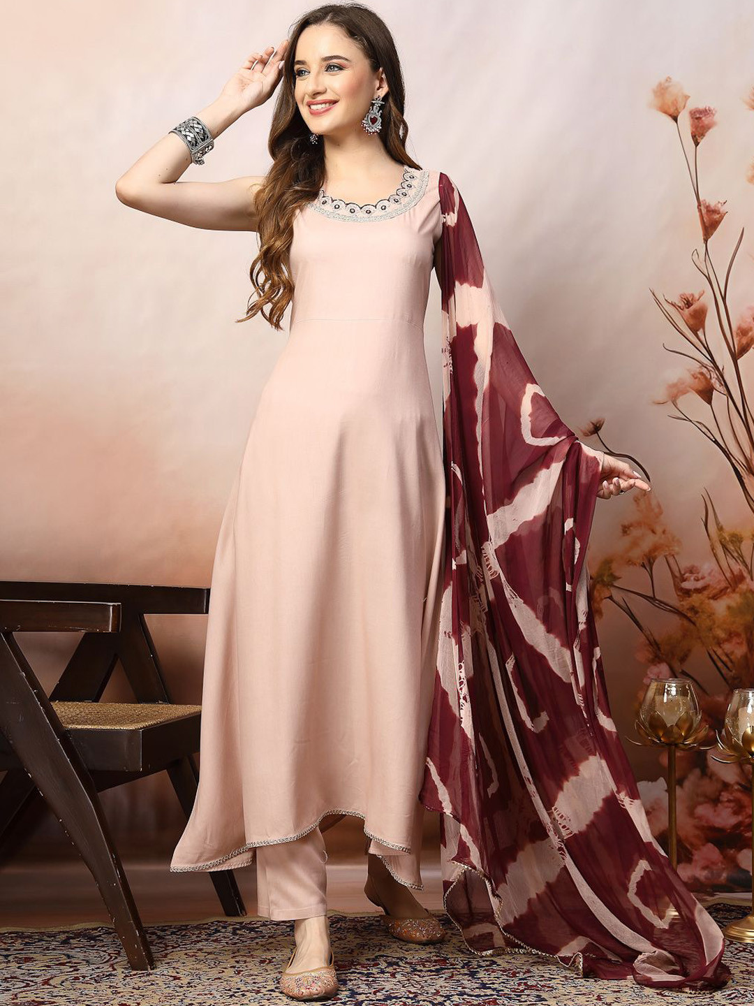 Stylum Rose Gold Lace Frills Bows and Ruffles A Line Kurta With Dupatta