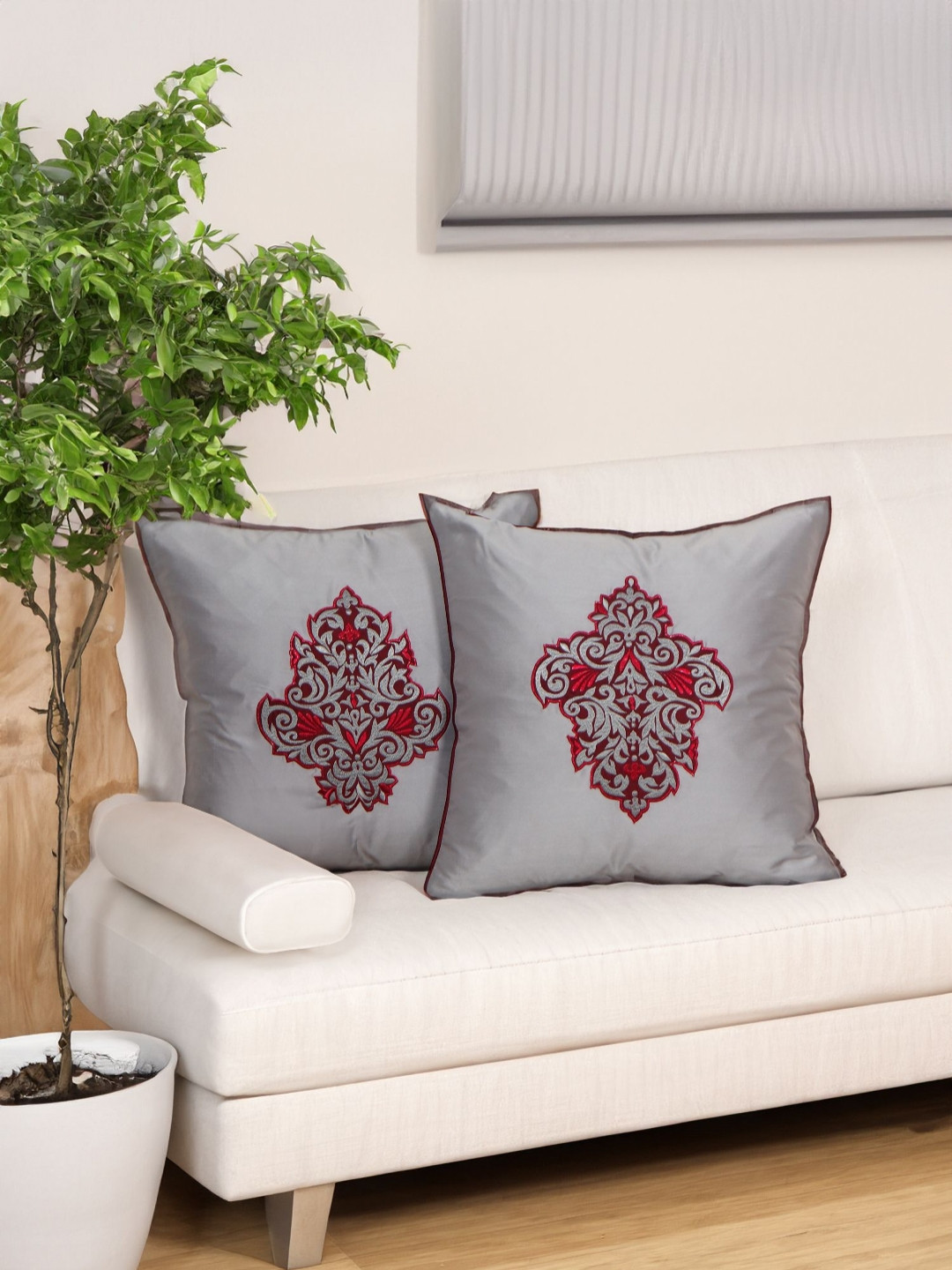 ZEBA Silver Toned & Pink 2 Pieces  Ethnic Motifs Embroidered Square Cushion Covers