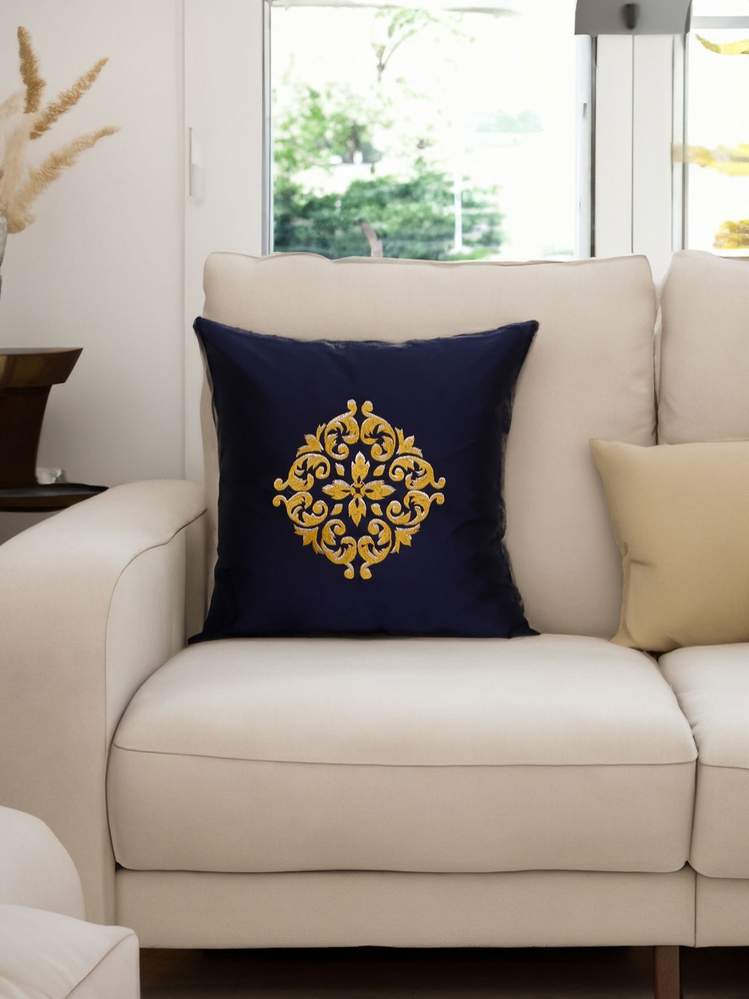 ZEBA Ethinic Motif Mandala Polyester Anti-Wrinkle Embroidered Cushion Cover-16x16In