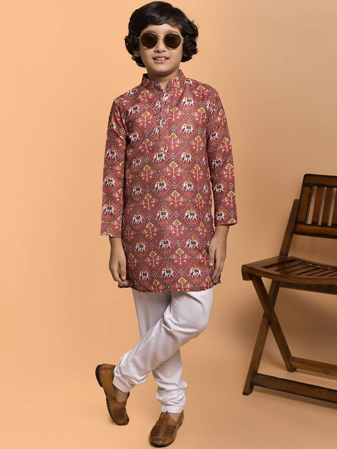 PRINTCULTR Boys Printed Band Collar Cotton Straight Kurta
