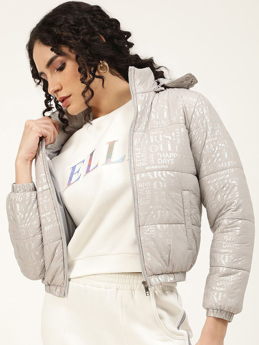 ELLE Women Typography Printed Hooded Crop Puffer Jacket