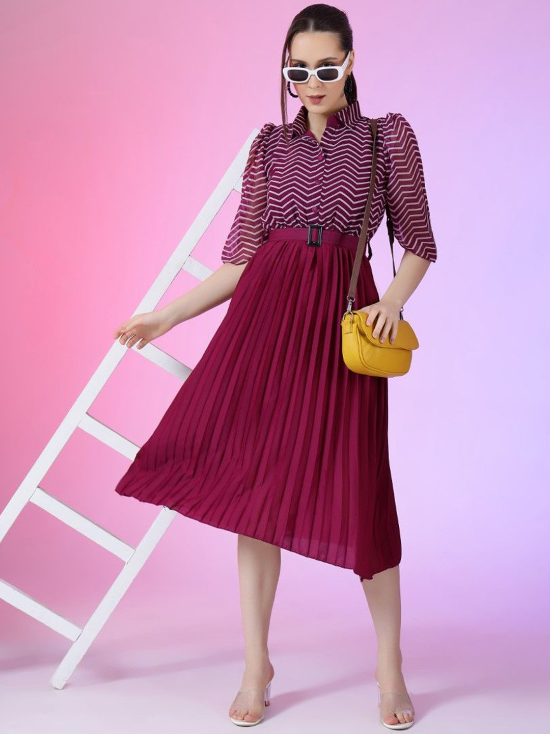 Raiyani Enterprise Striped Accordion Pleated Fit and Flare Dresses Comes with a belt