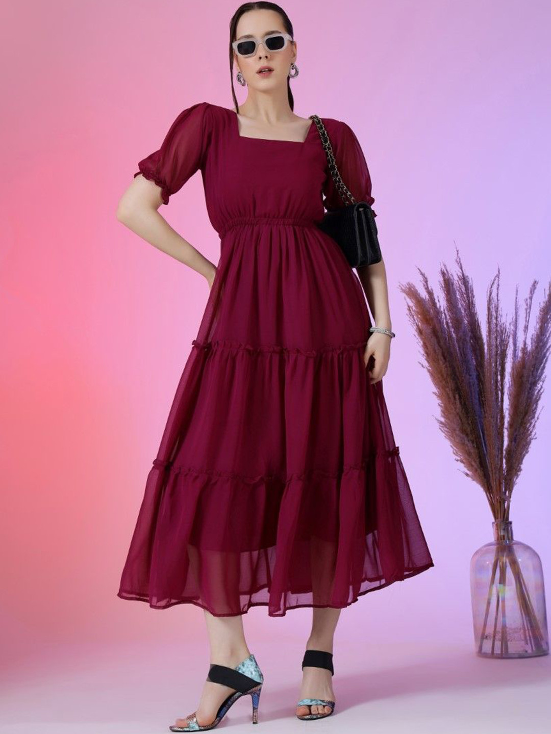 Krunal Raiyani Solid Georgette Fit & Flare Midi Dress