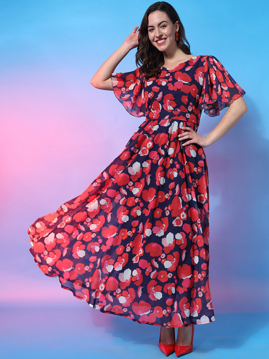 ASPORA Floral Printed Flared Short Sleeves Anarkali Gown with Belt