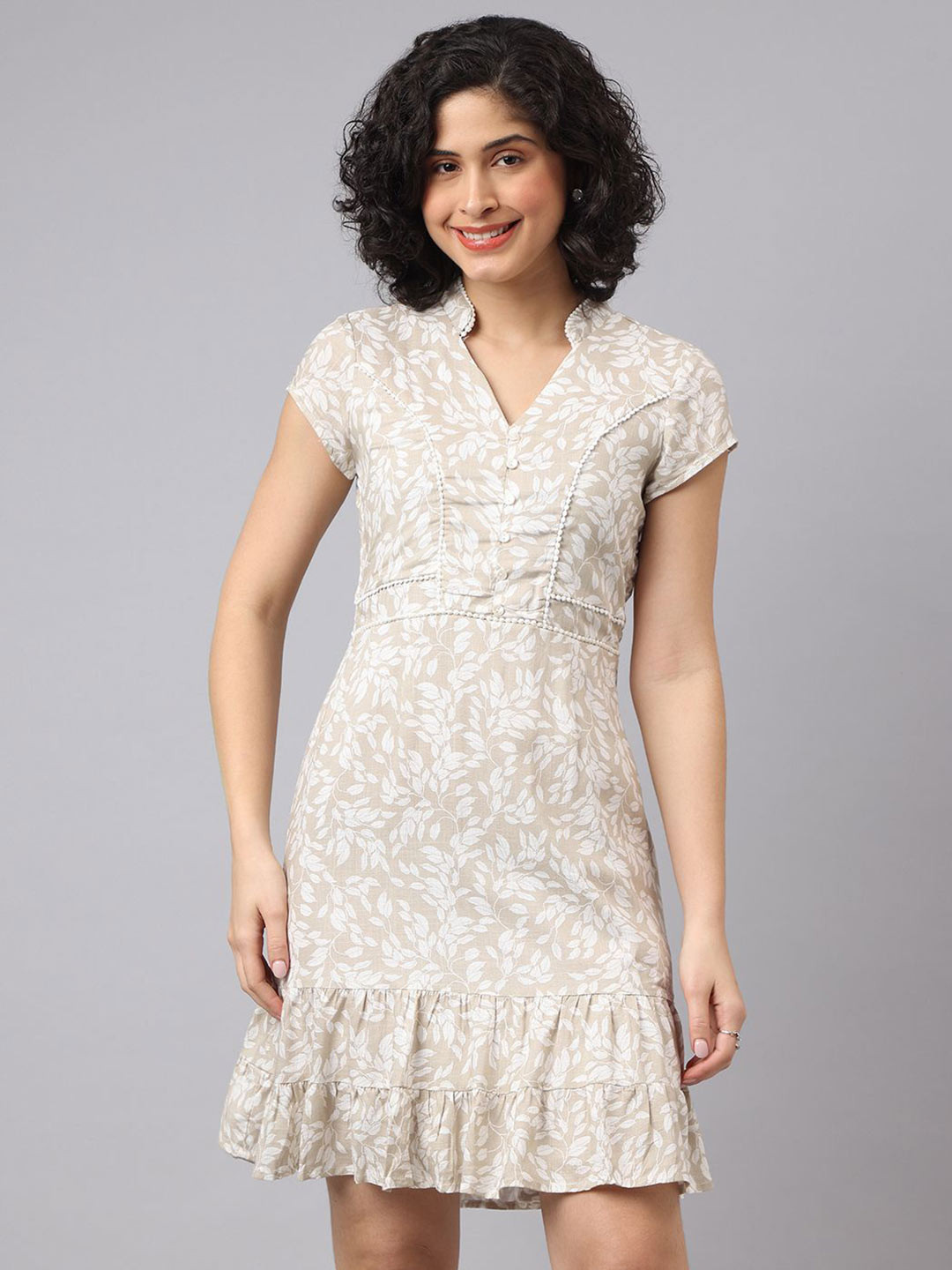 Latin Quarters Women Printed Mandarin Collar A-Line Aboe Knee Dress