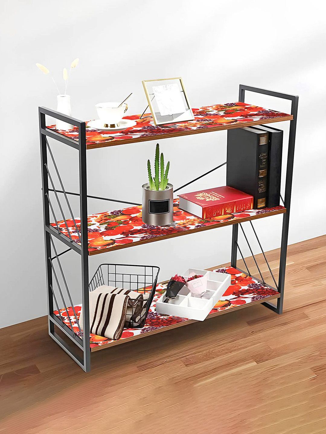 Kuber Industries Red & White 2 Pieces Geometric Printed Shelf Liner Organisers