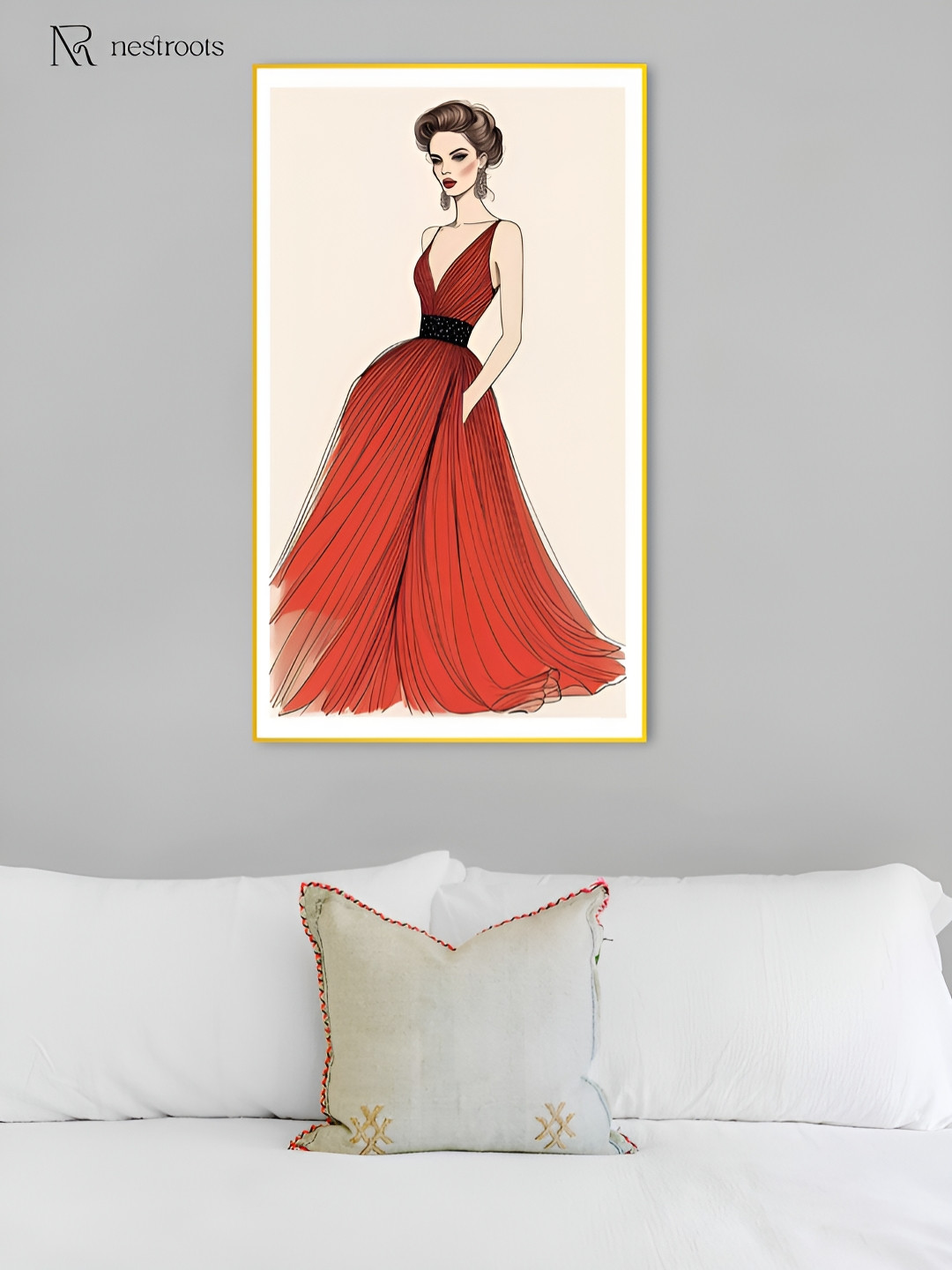 nestroots Orange & Black Elegant Woman in Red Dress Canvas Wall Art