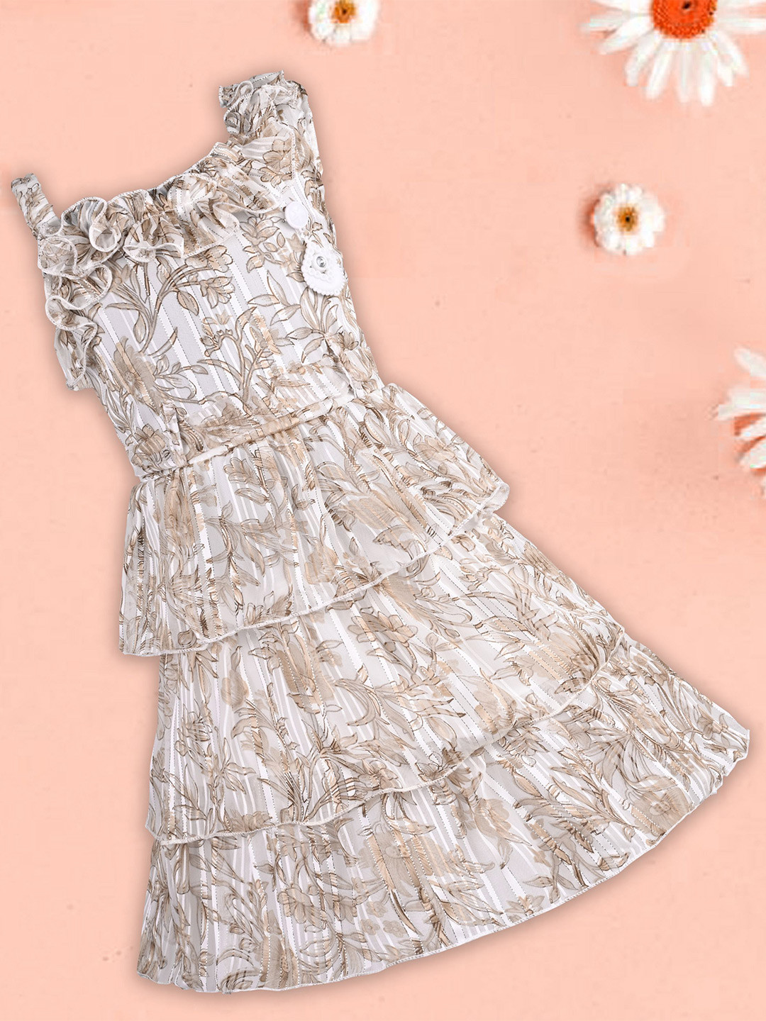 Wish Karo Girls Floral Printed Chiffon One Shoulder Fit & Flare Dress