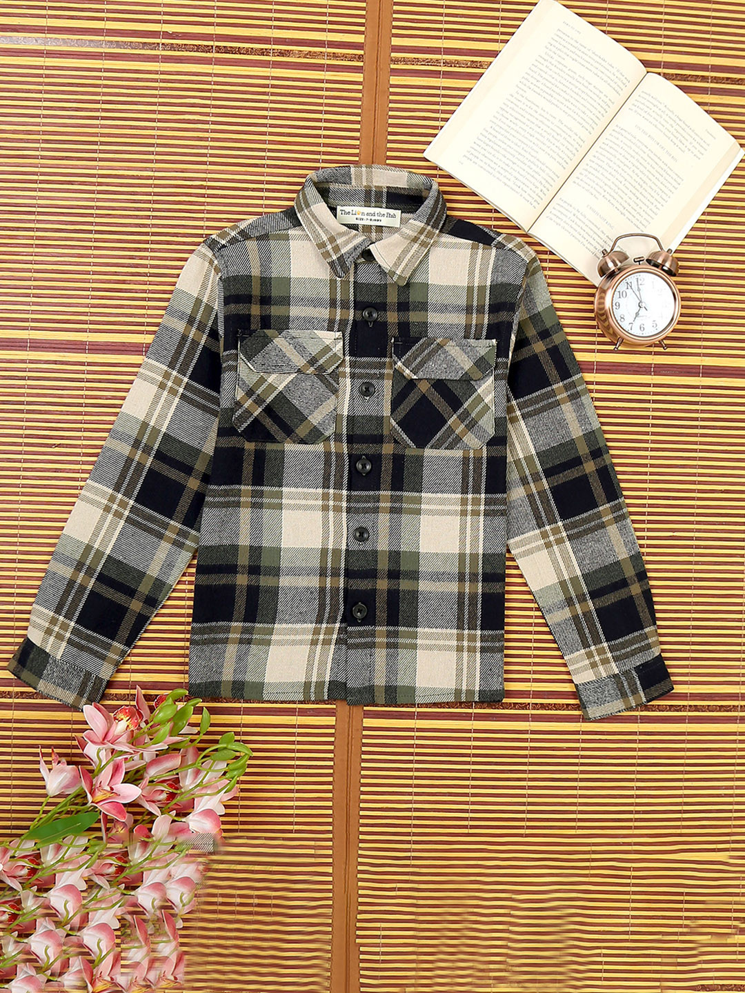 The Lion and The Fish Boys Relaxed Fit Checkered Double Pocket Flap Winter Shirt