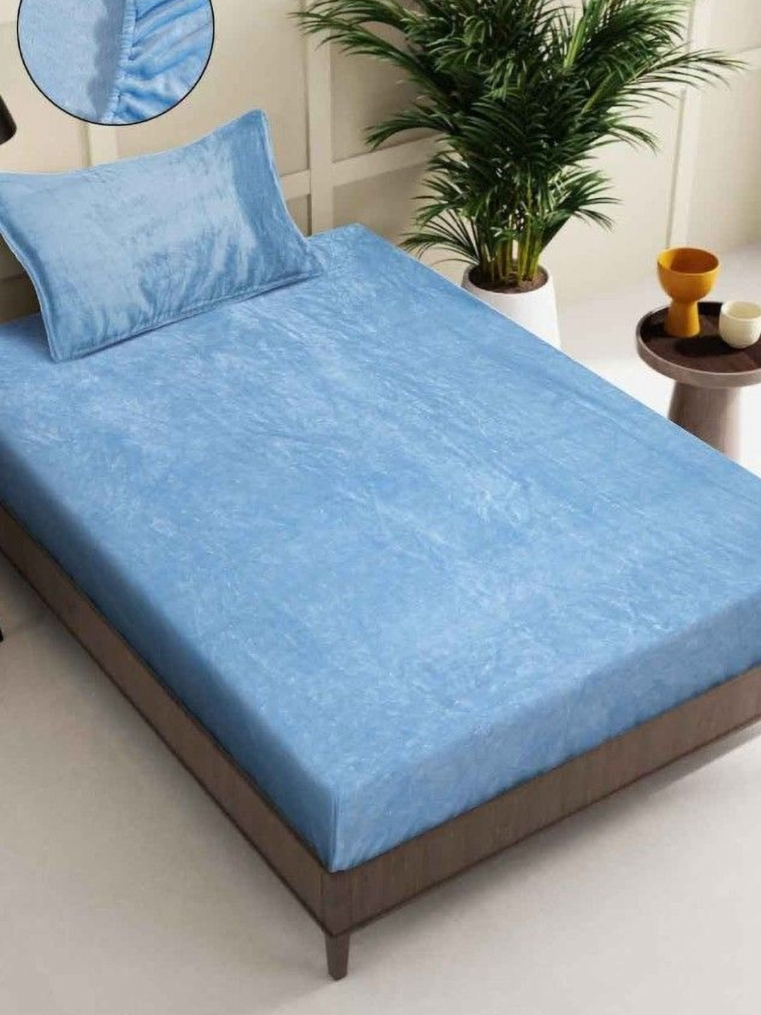 MORADO Blue Solid Wool 260 TC Fitted Single Fine Bedsheet with a Pillow Cover-182 x 91.4 x 20.3 cm