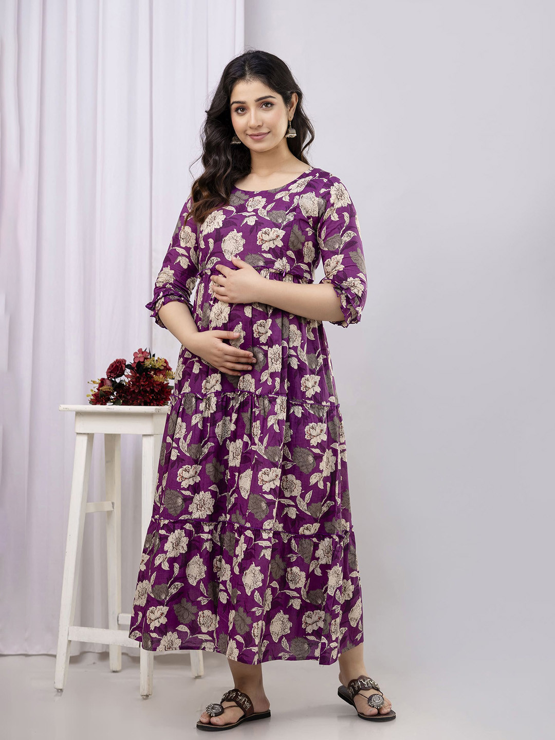 VARICOS Pure Cotton Printed Pregnancy Wear Maternity Maxi Dress With Nursing Zipper