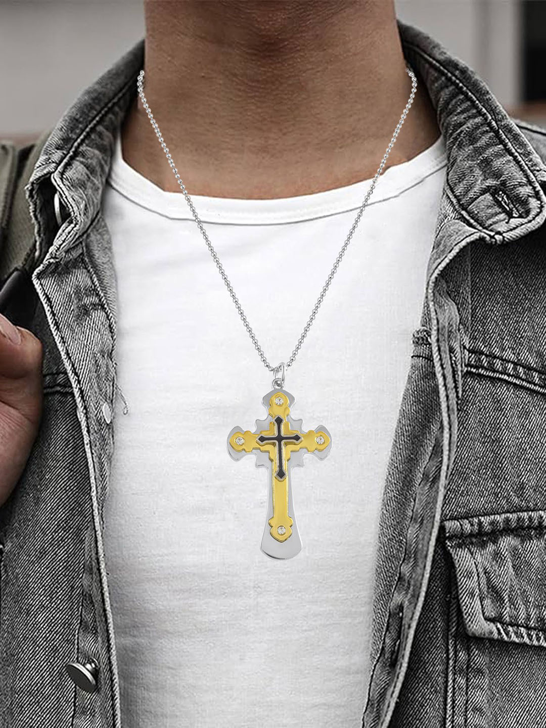 MEMOIR Unisex Silver-Plated Stones Studded Stainless Steel Pendant With Chain