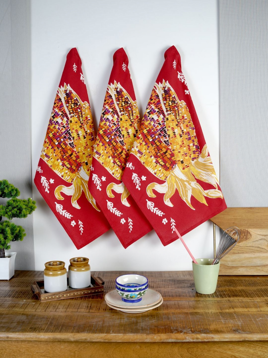 Ratan Cart Red & Yellow 3 Pieces Corn Printed Cotton Kitchen Towels