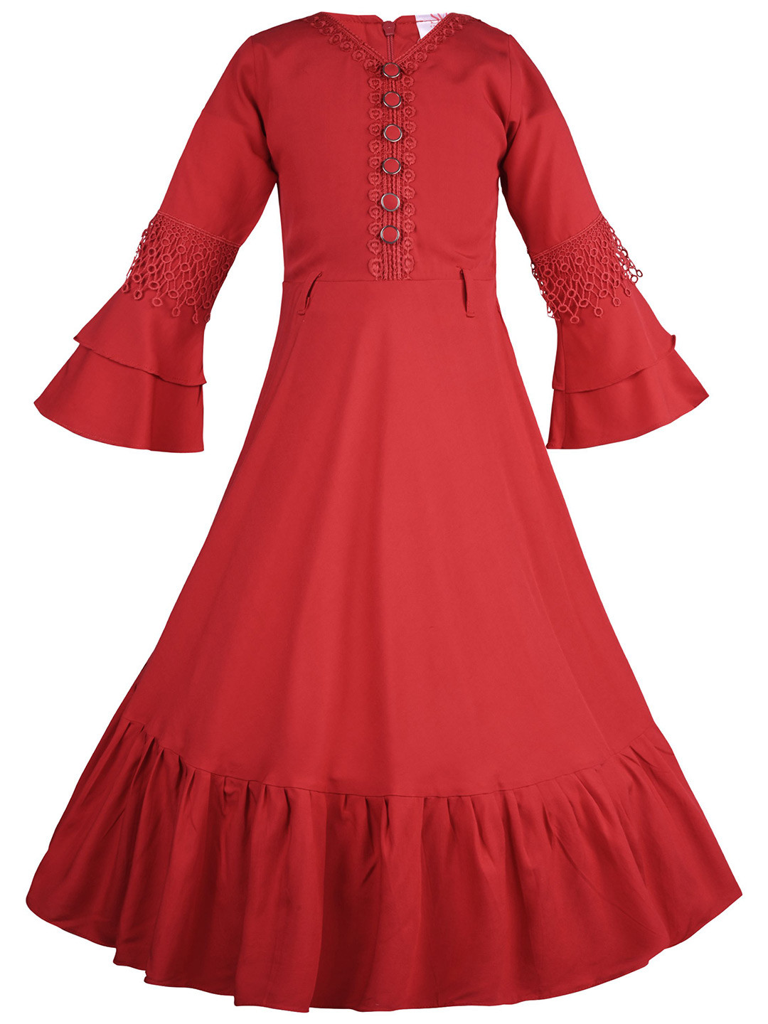 Wish Karo Girls Solid Lace-Up Bell Sleeve Fit and Flare Frock Dress