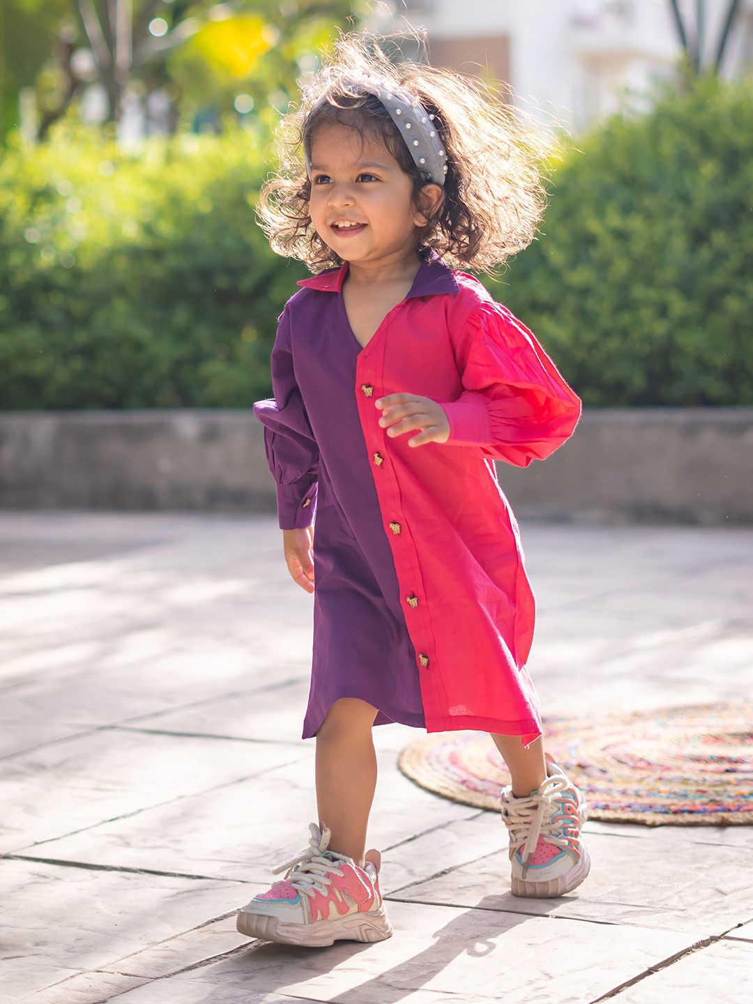 Peekaaboo Kids Girls Colourblocked Cotton Puff Sleeve Shirt Dress