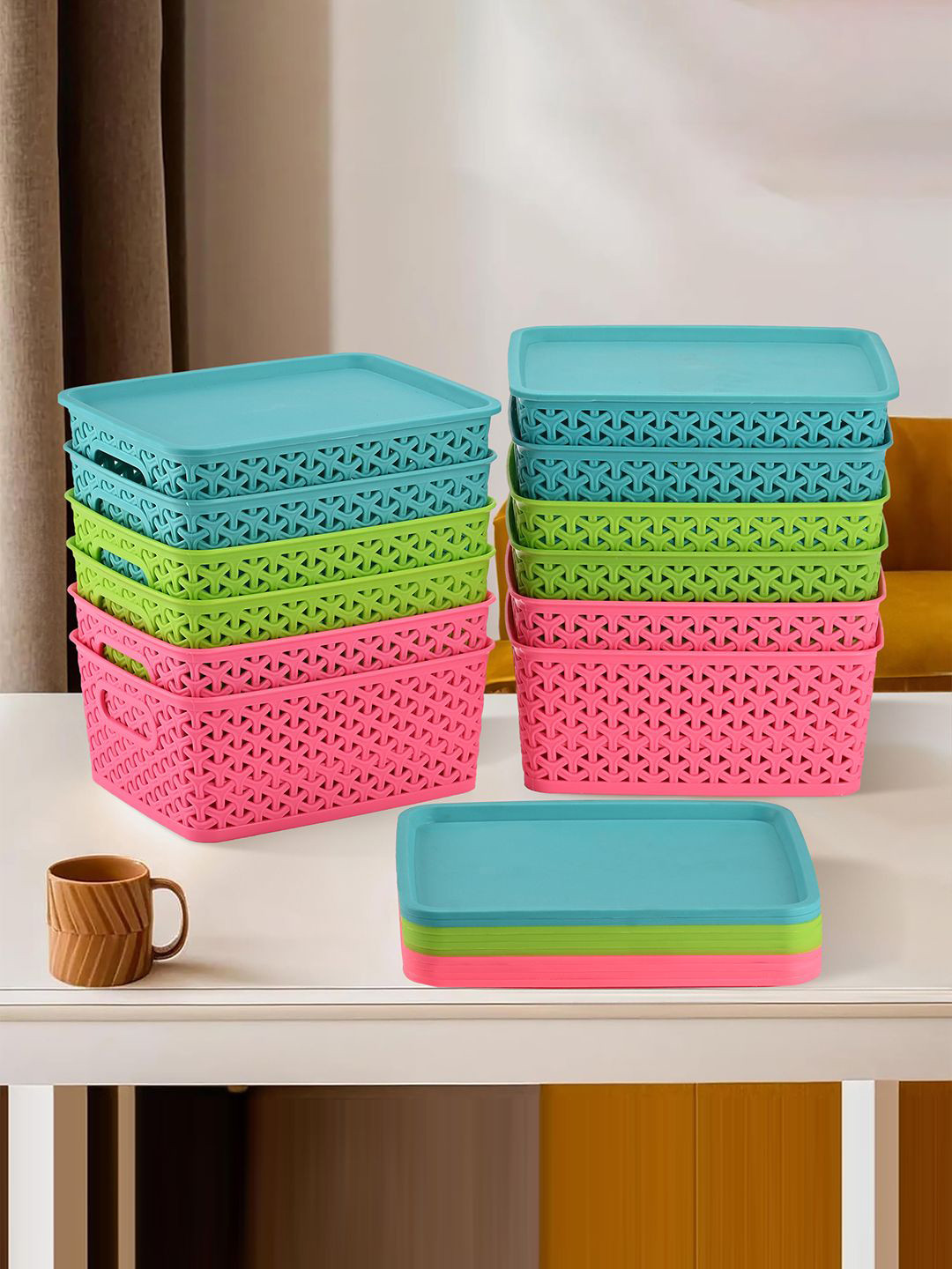 Kuber Industries Green & Pink 12 Pieces Tote Basket Organisers
