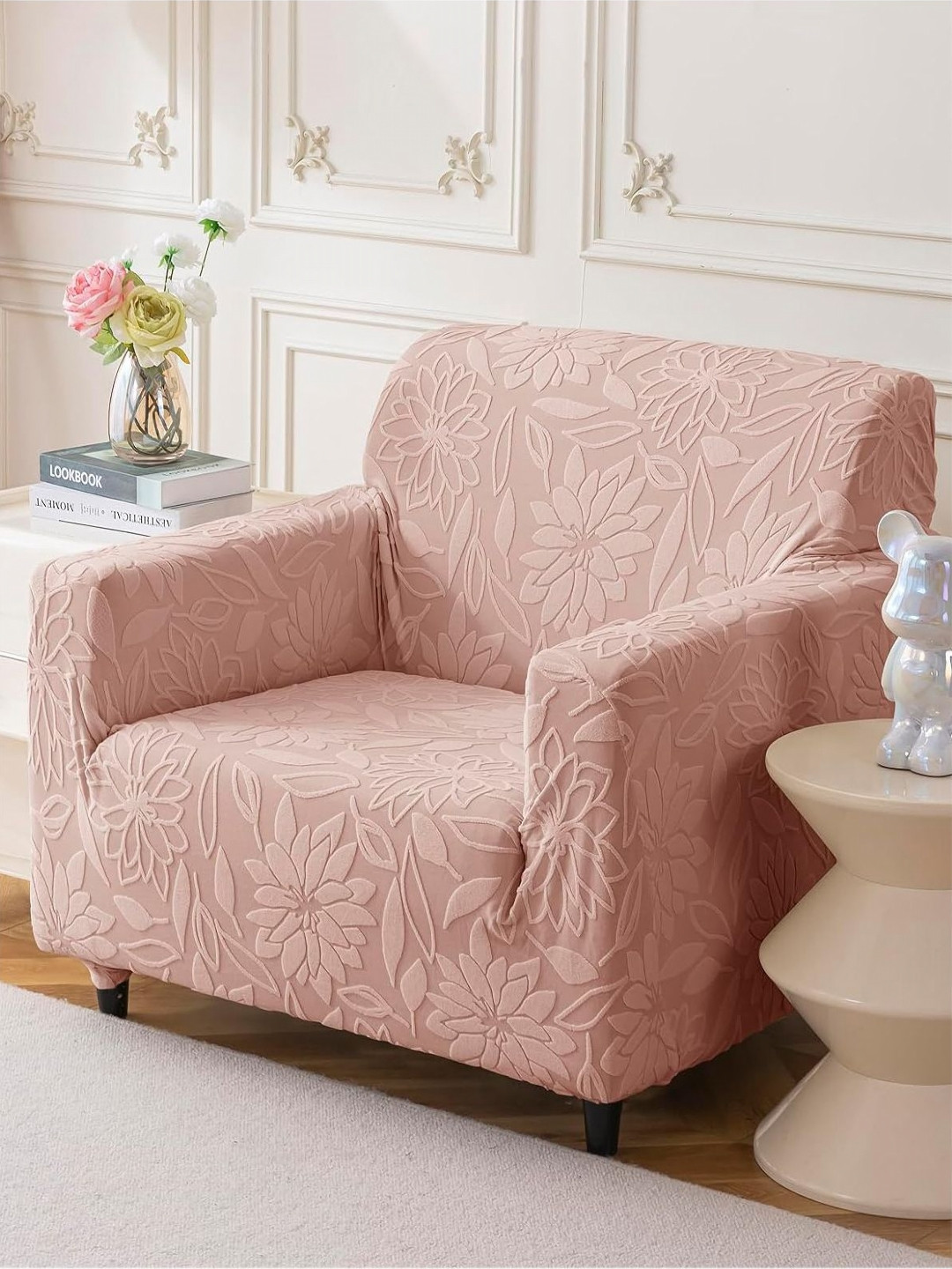 HOUSE OF QUIRK Pink Jacquard Soft Touching 1 Seater Sofa Cover