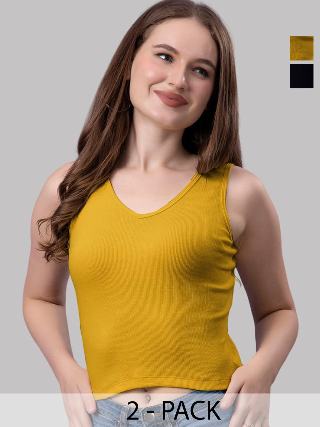Friskers Women Pack Of 2 Solid V-Neck Cotton Tops