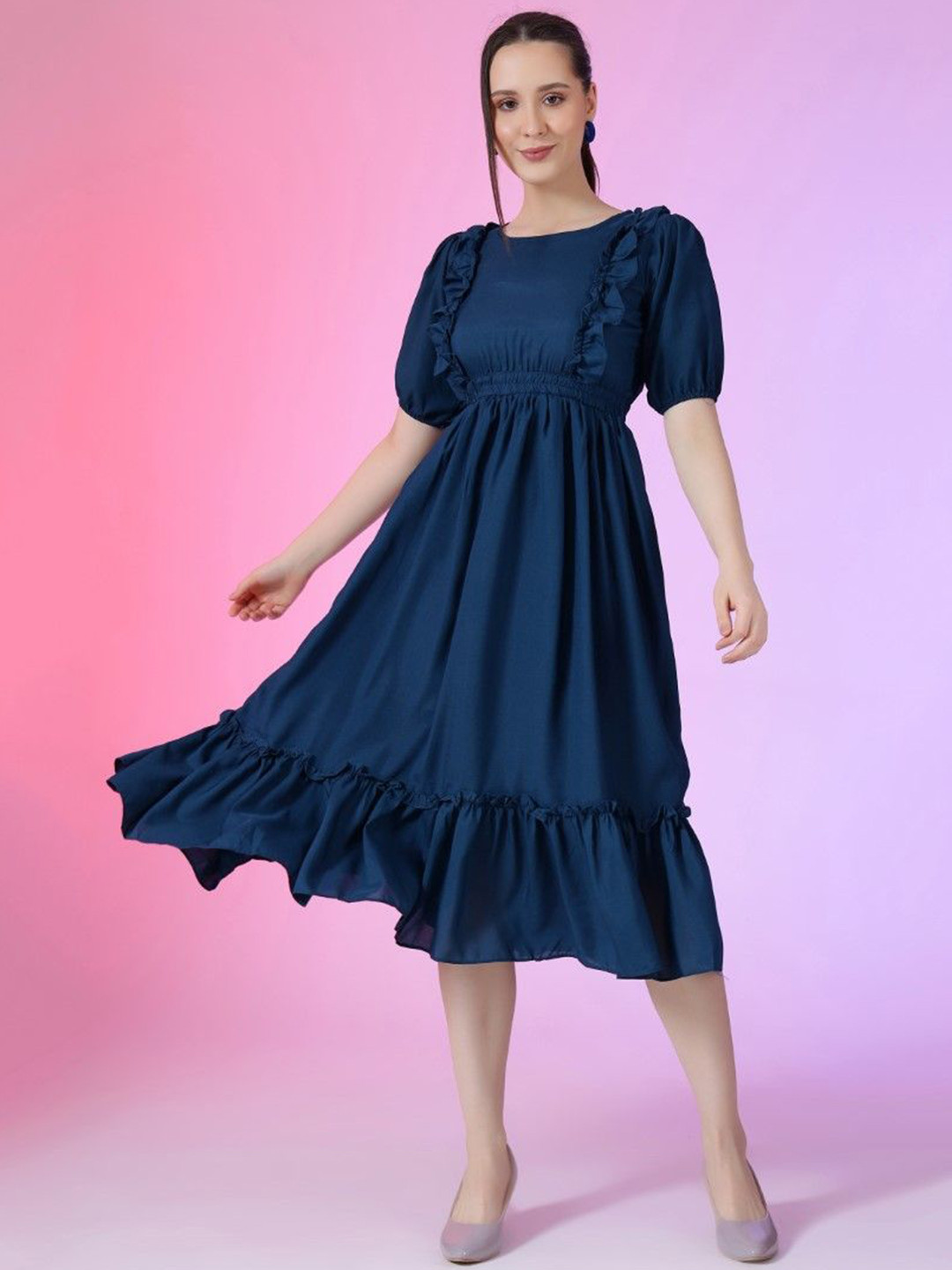 Femvy Women Boat Neck Puff Sleeve Ruffle Fit & Flare Dress