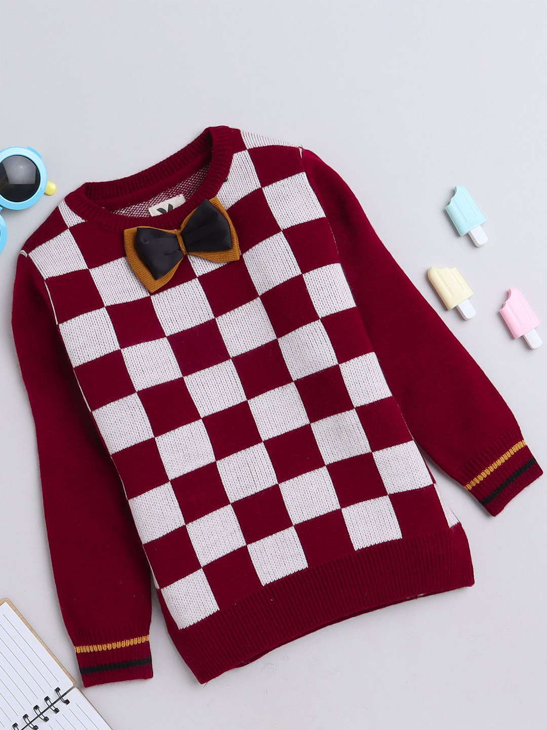 Yellow Apple Boys Checked Printed Woollen Pullover