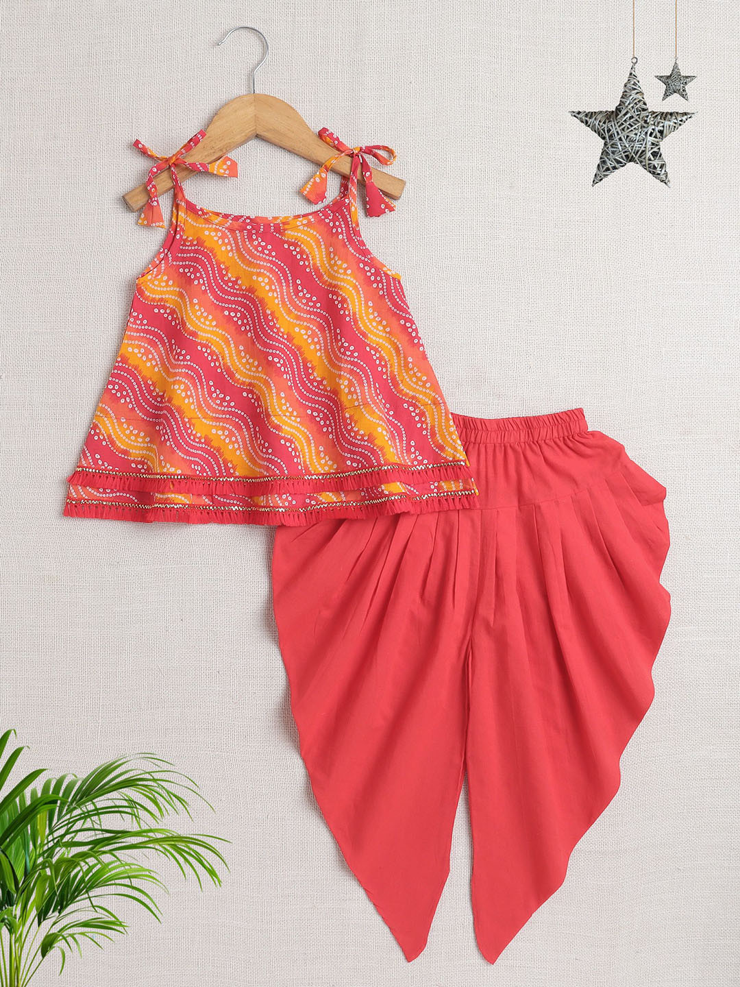 The Magic Wand Girls Bandhani Printed Shoulder Straps Pure Cotton Kurta with Dhoti Pants