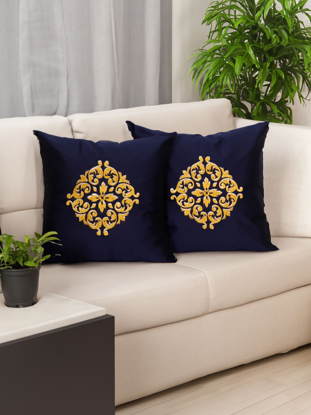 ZEBA Mandala Ethinic Two Tone Ethnic Motifs Polyester 2 Pcs Embroidered Cushion Covers - 15.7 x 15.7 In