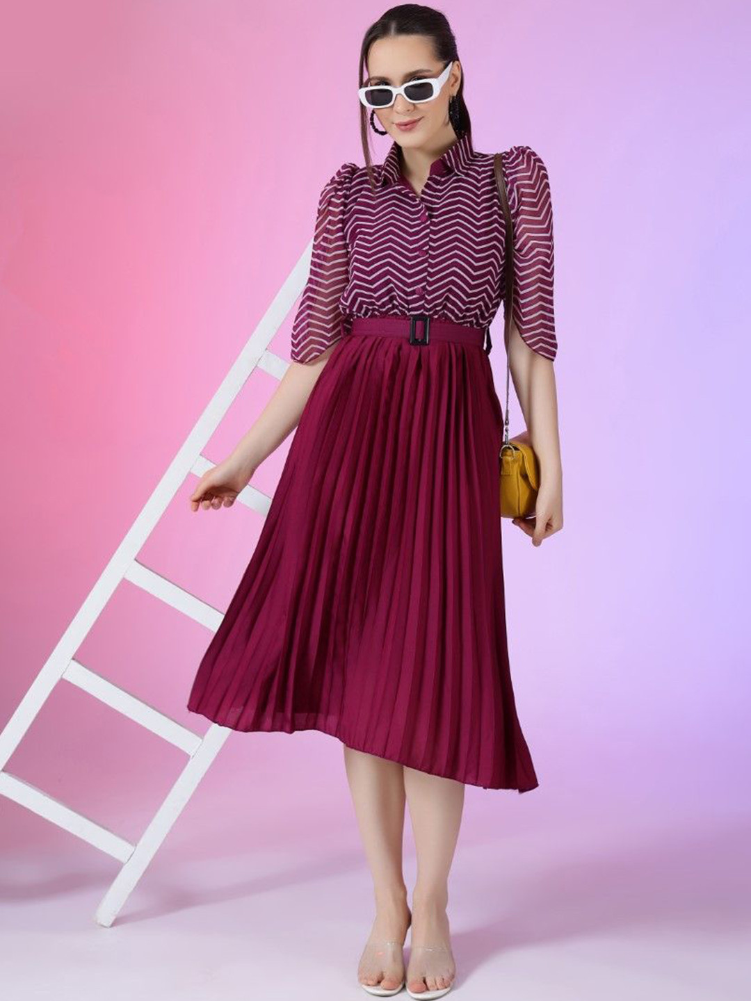 Raiyani Enterprise Striped Puff Sleeve Accordion Pleats Fit & Flare Knee Length Dress