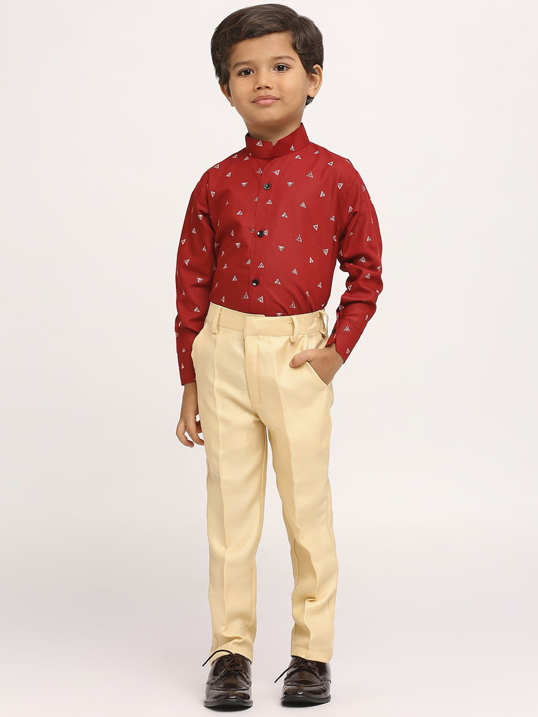 YK Boys Solid Three Piece Double Breasted Suit With Shirt