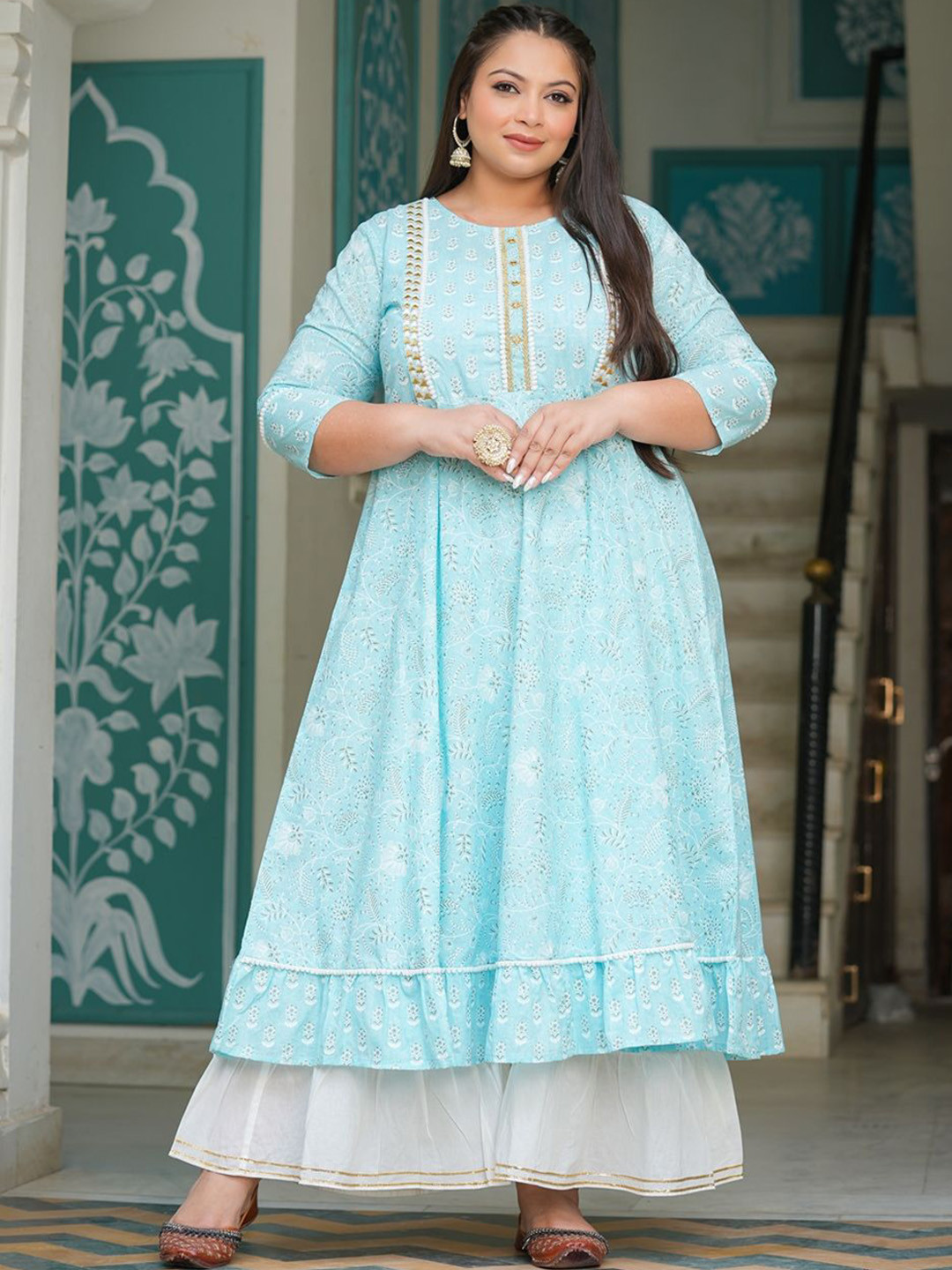 YASH GALLERY Floral Printed Round Neck Three-Quarter Sleeves Regular Anarkali Kurta