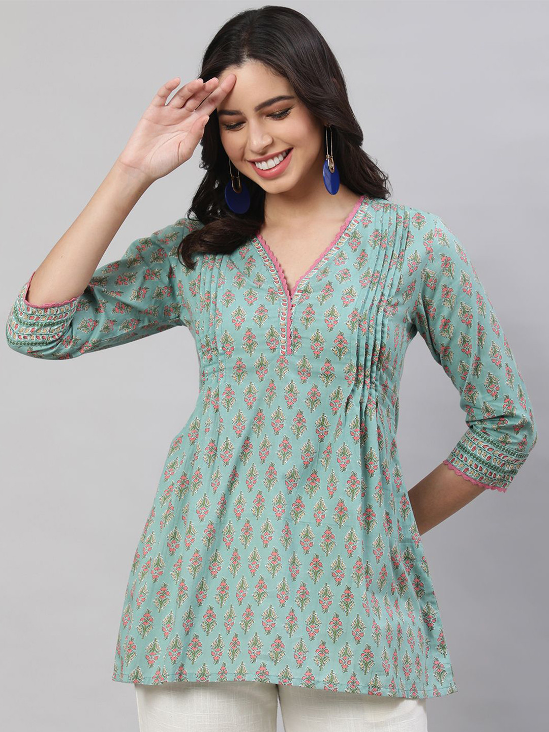 NISHABD Women Ethnic Motifs Printed V-Neck Cotton Top