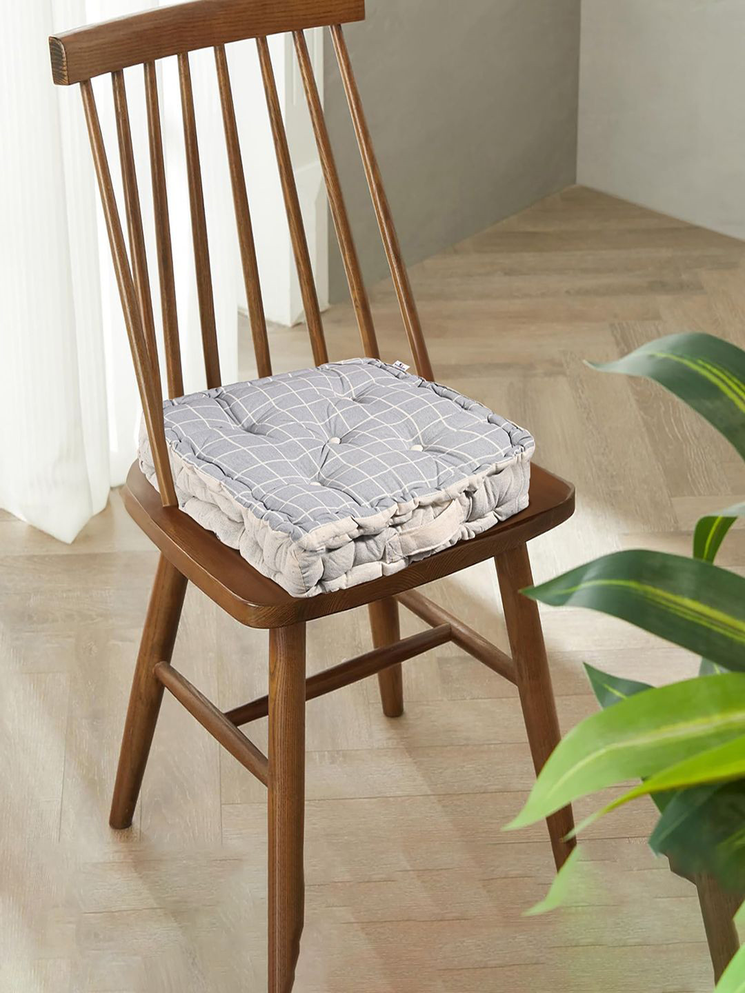 Kuber Industries Grey Checked Cotton Chair Pad