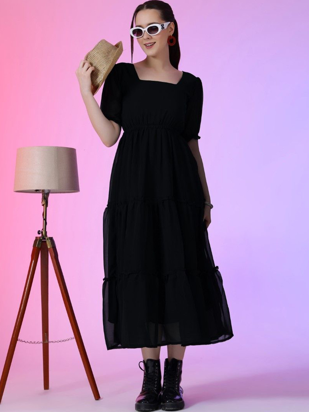 Krunal Raiyani Georgette Solid Midi Fit and Flare Dresses With Gathered or Pleated