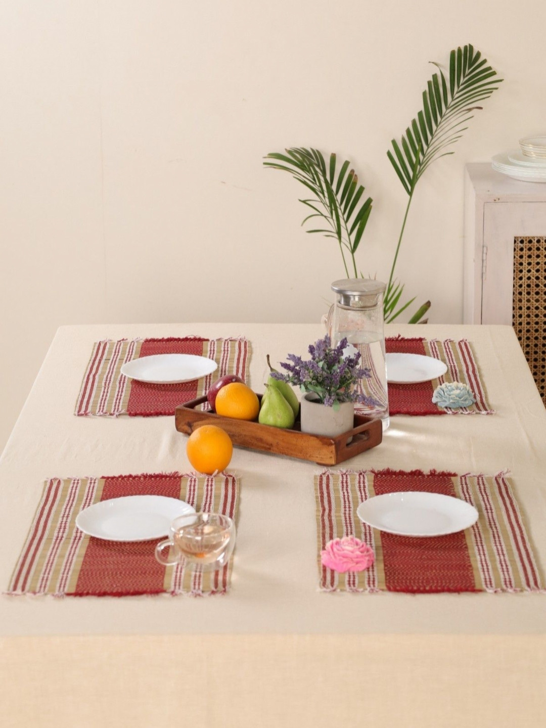 Peepul Tree Maroon & Beige 4 Pieces Rectangular Table Placemats