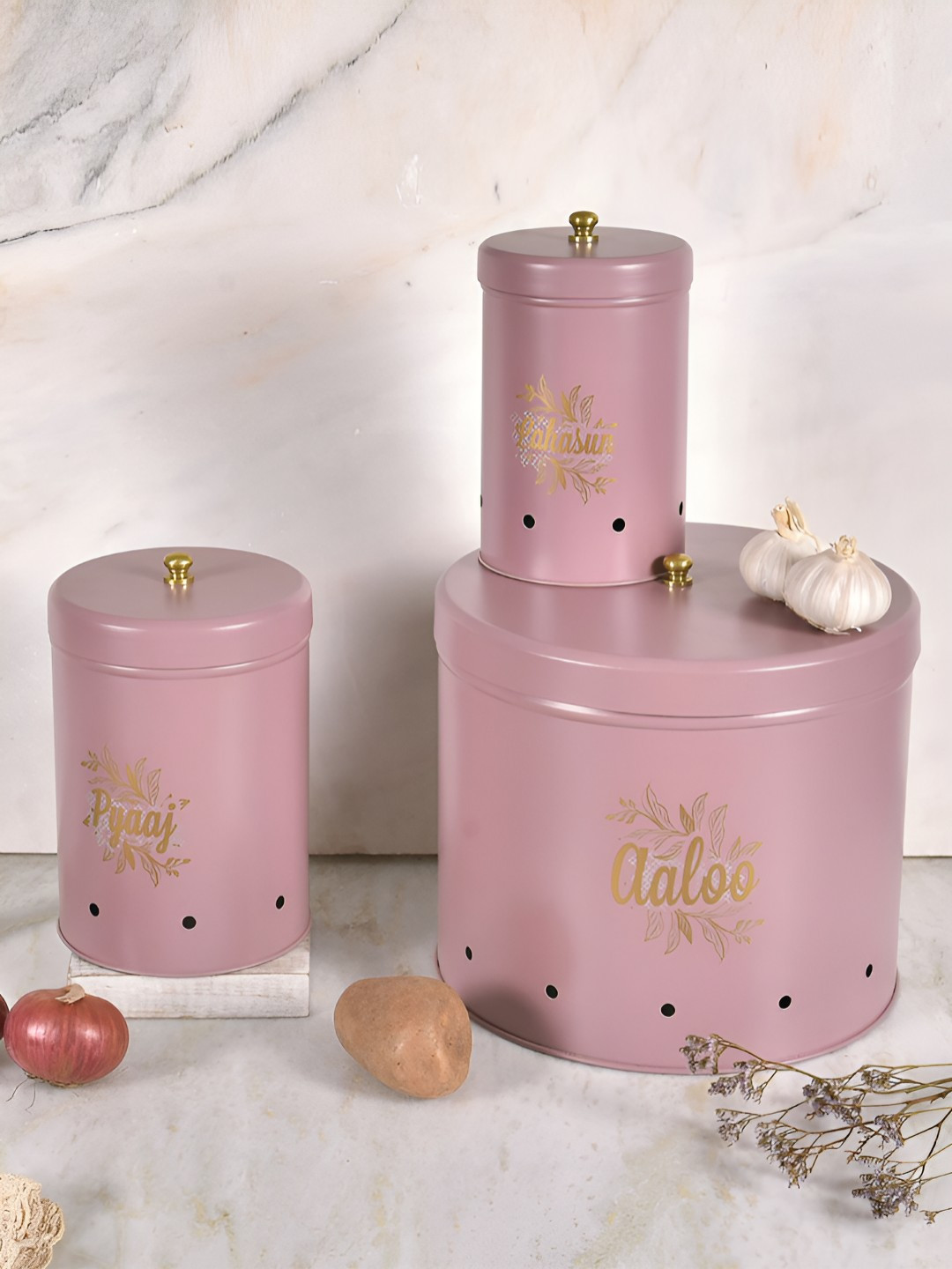 Living With Elan Gingham & Blooms Mauve 3 Pieces Typography Printed Canister Container