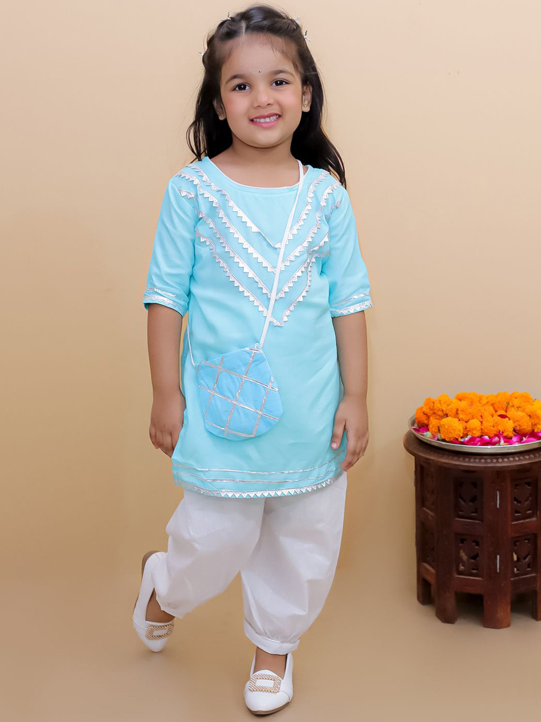 Bold N Elegant Girls Embroidered Regular Gotta Patti Kurta & Salwar with Sling Bag