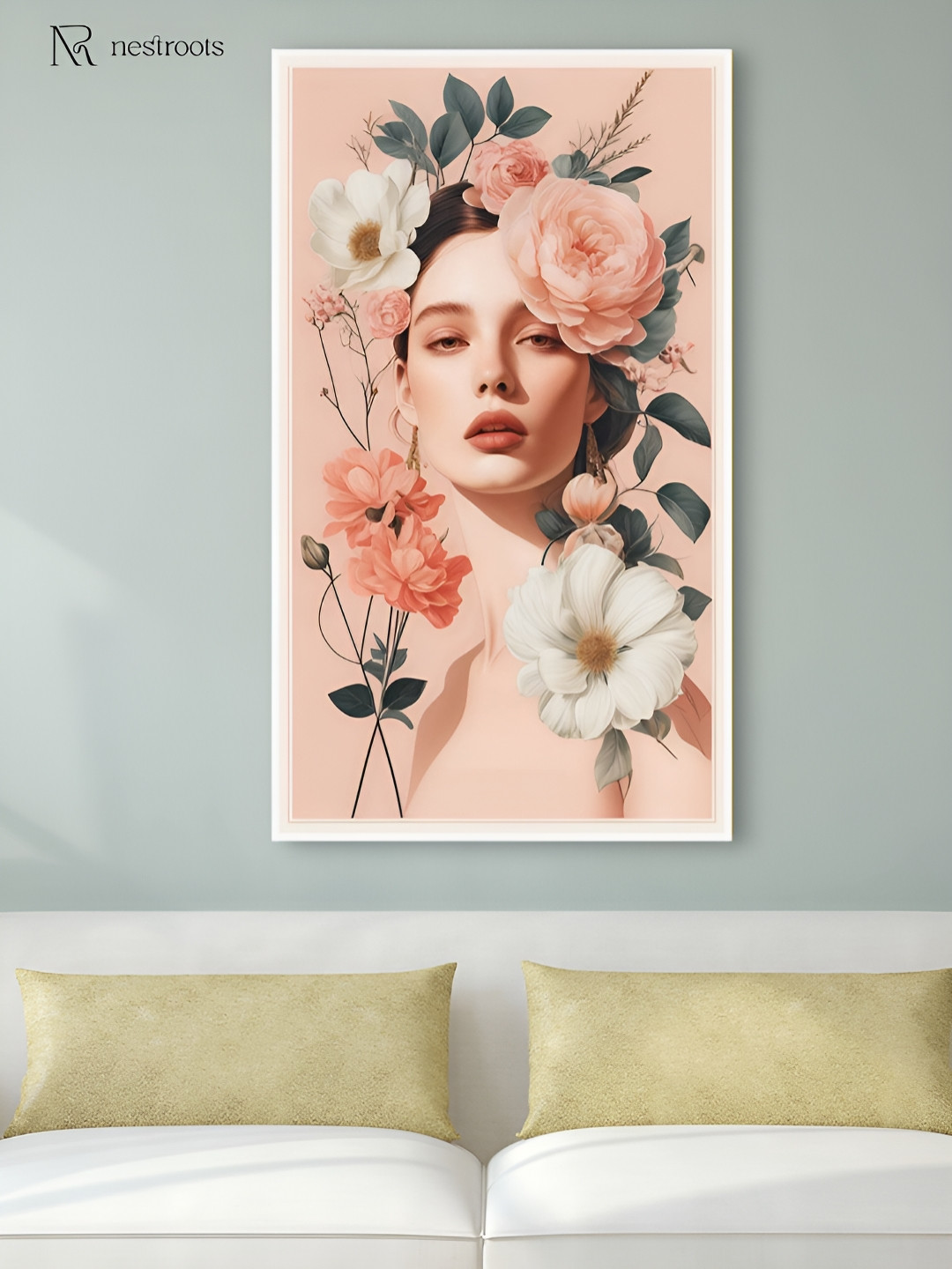 nestroots Pink & White Floral Serenity Lady in Portrait Canvas Painting Wall Art