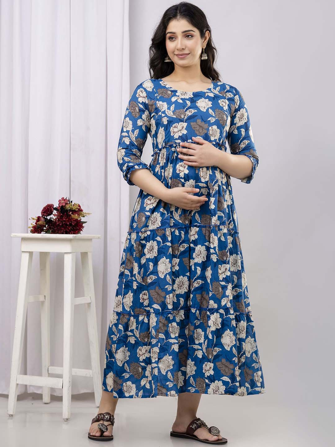 VARICOS Pure Cotton Printed Pregnancy Wear Maternity Maxi Dress With Nursing Zipper