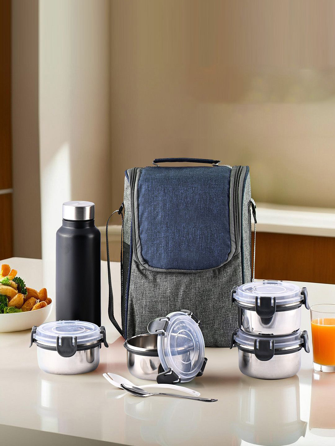 Kuber Industries Blue & Grey Set of 1 Lunch Box