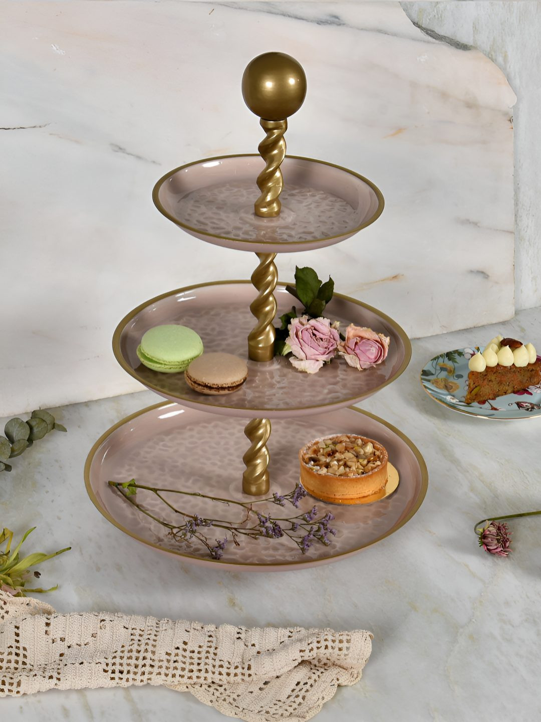 Living With Elan Rose & Gold-Toned Panthera Embossed 3 Tier Round Cake Stand