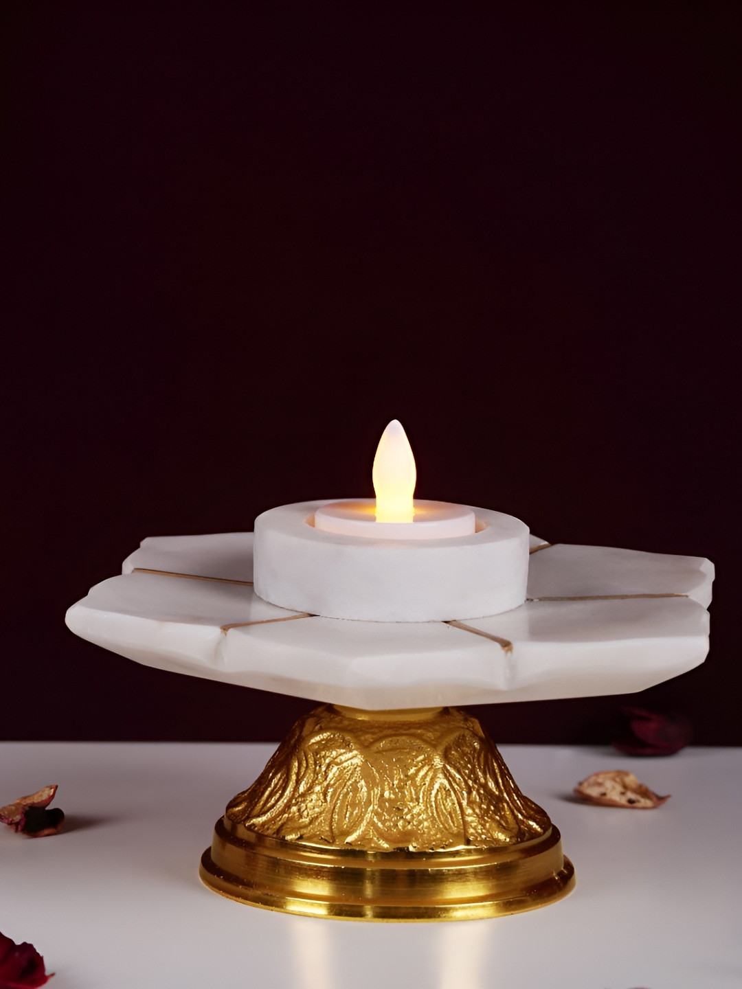 THE HOME CO. Gold Toned & White Textured Marble Tea Light Candle Holder