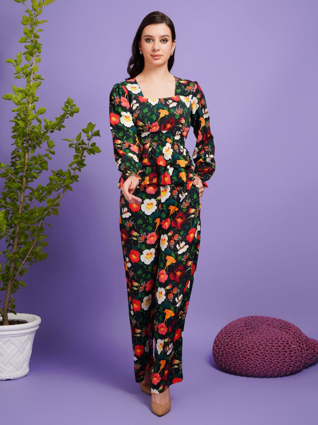 Boholyfe Midnight Bloom Floral Printed Top With Trousers