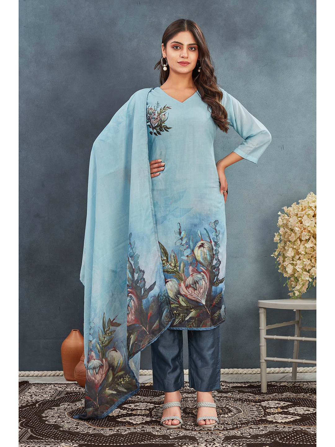 TWINS LADY Floral Printed Three-Quarter Sleeves Regular Kurta With Trouser With Dupatta