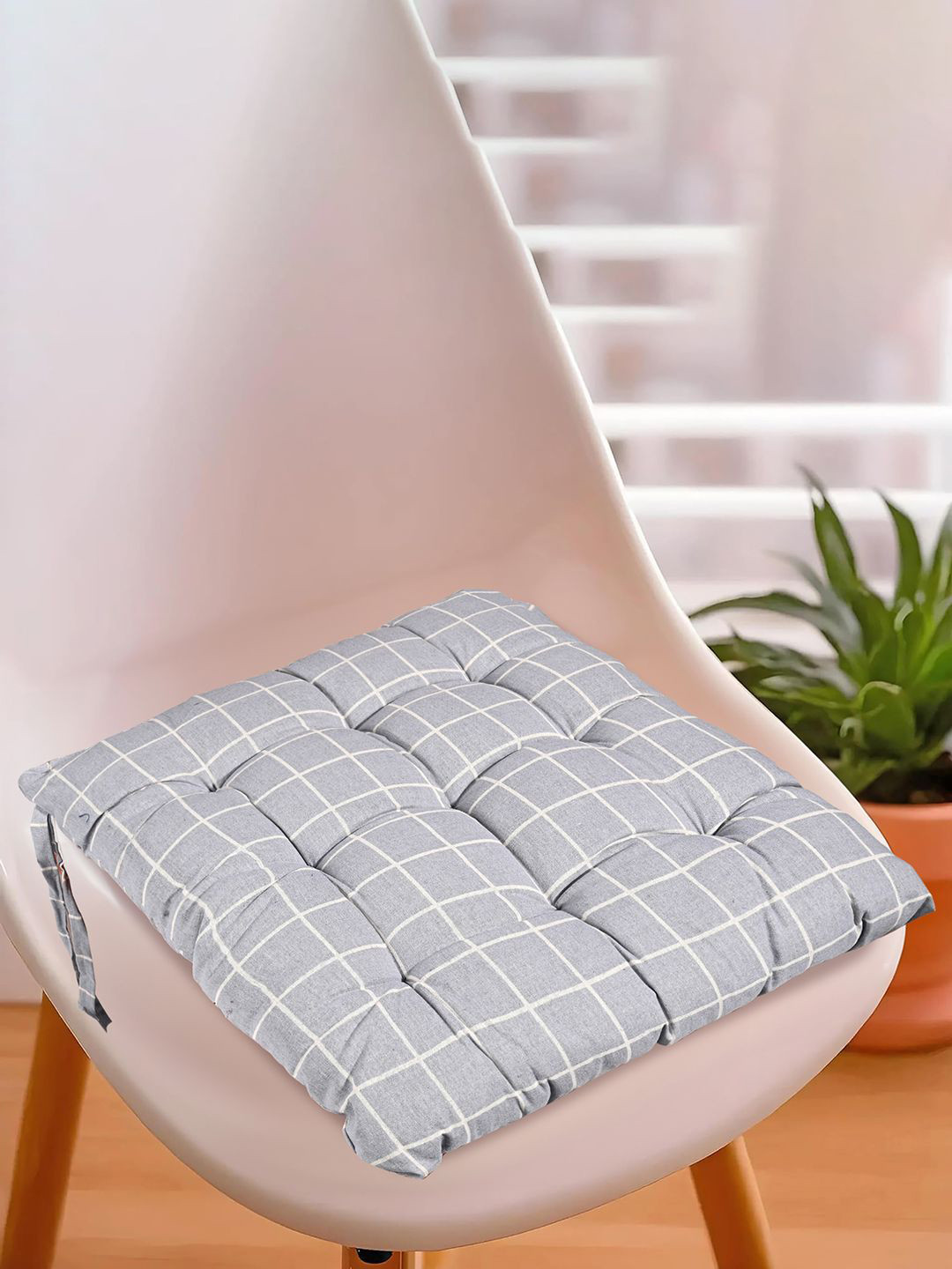 Kuber Industries Grey Checked Cotton Chair Pad