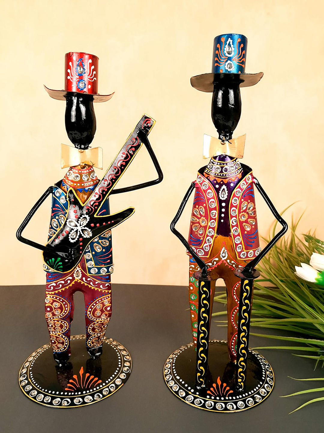 apka mart Rajasthani Musician Black Metal Metallic Living Room Set of 2 Large Showpieces - 18.9 Inches