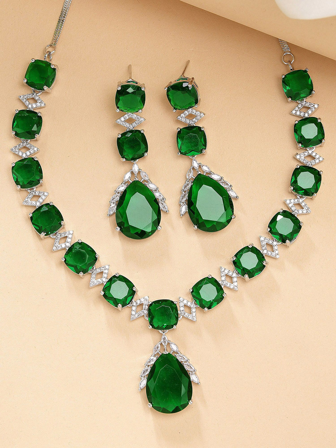 KARATCART Silver-Plated Drop Shape Cubic Zirconia Stone Studded Jewellery Set